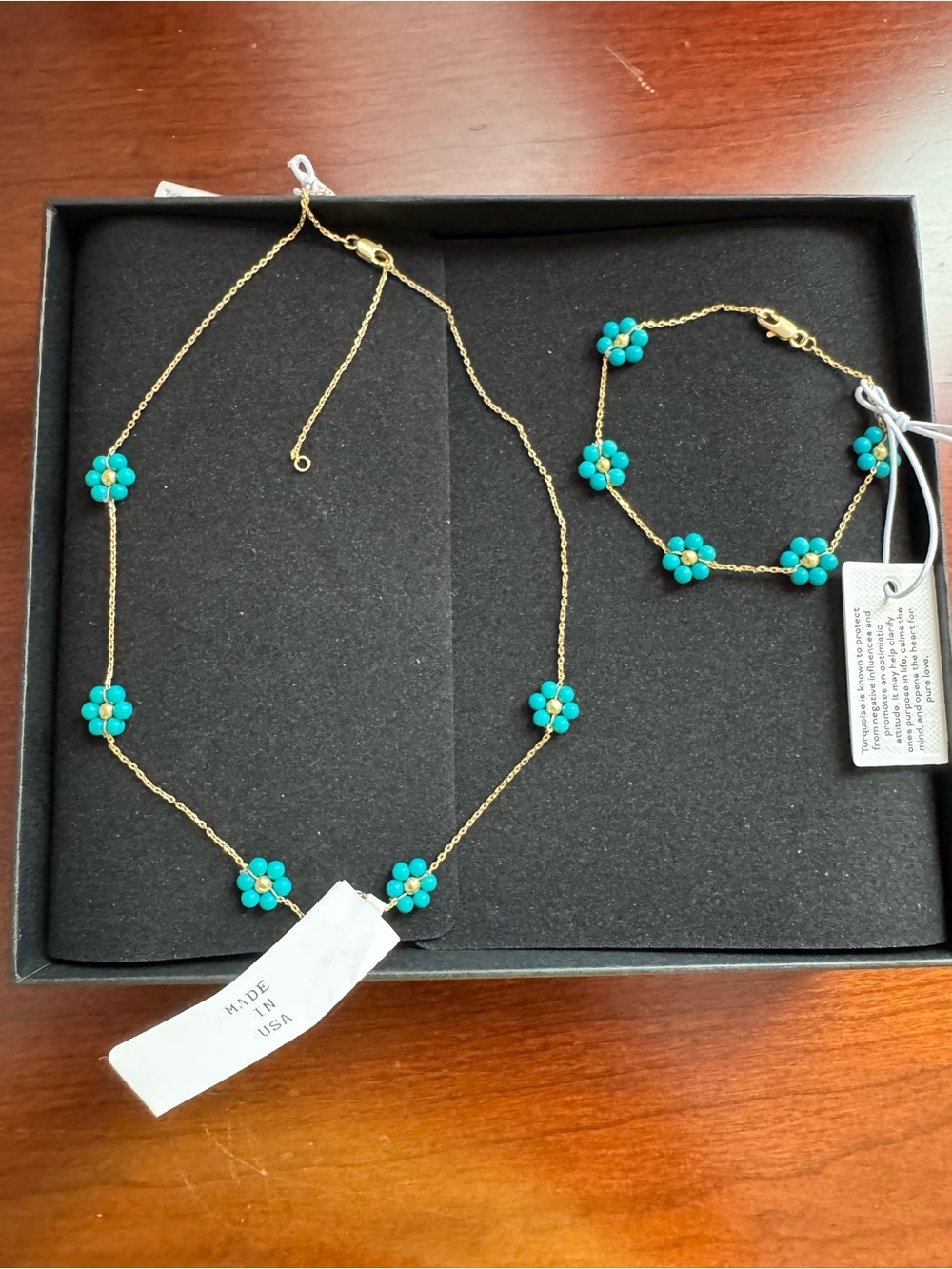 Source Unknown Gold-Tone Necklace & Bracelet Set with Turquoise Floral Accents